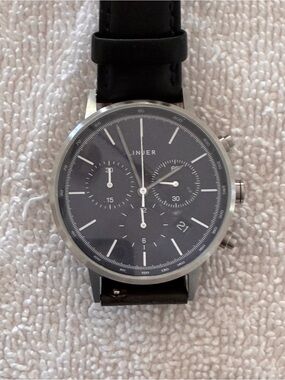 Linjer Dark Navy Dial Chronograph Watch with Black Leather Strap